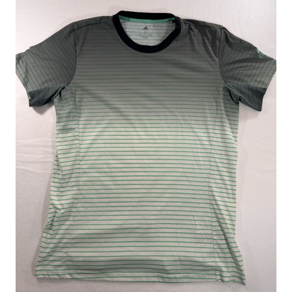 Adidas Climalite Mens Large Gradient Ombre Stripe T-Shirt Gray Green Activewear
